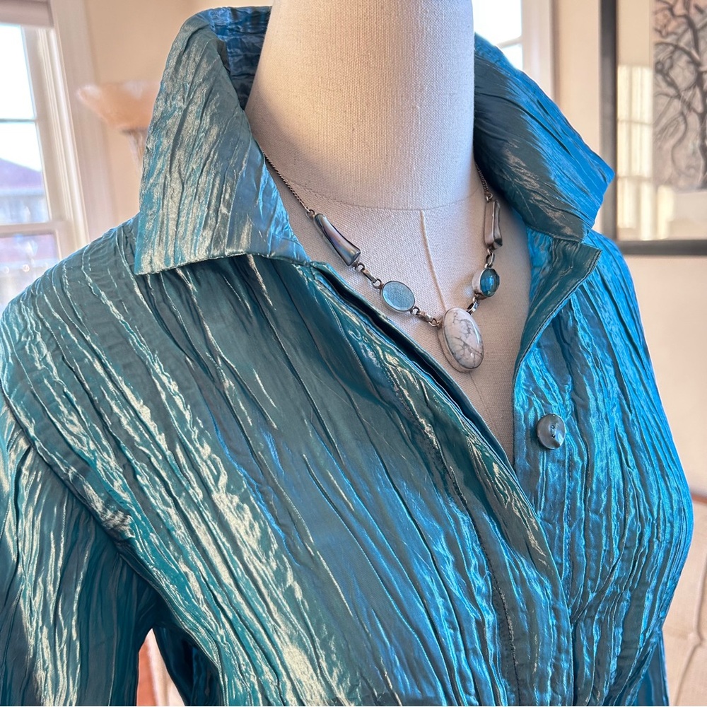 Cool Y2K Crinkled Iridescent Teal Belted Top